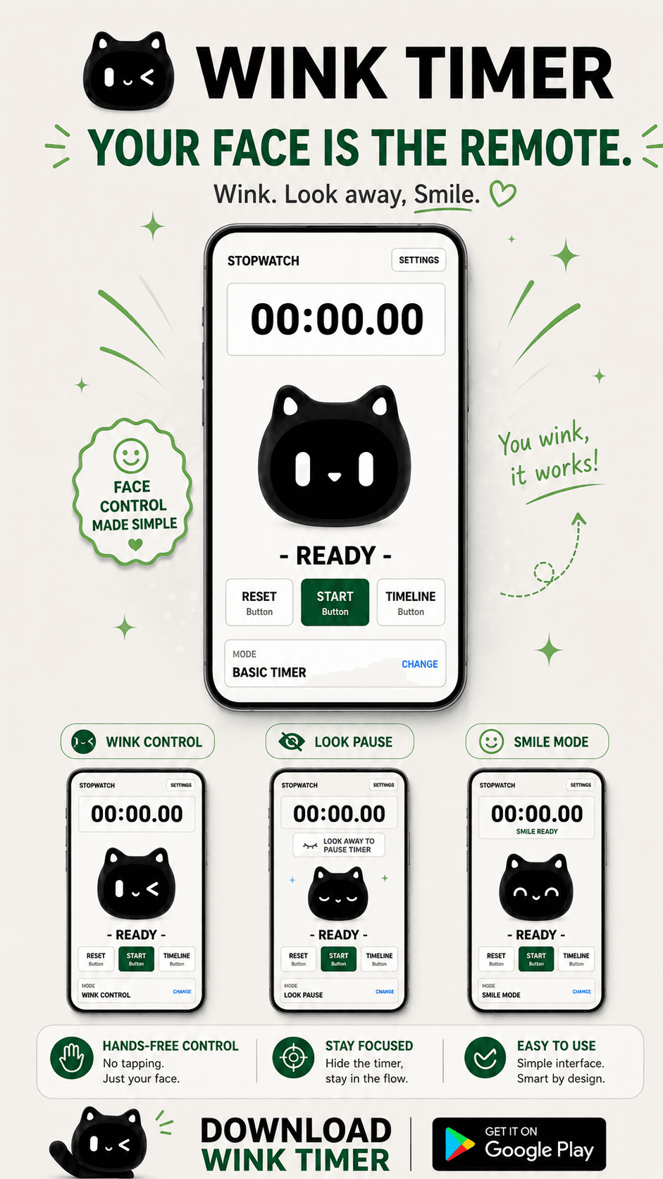 Wink Timer overview showing timer, stopwatch, wink, look pause, and smile mode screens